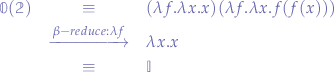 \begin{eqnarray*}
\mathbbold{0}(\mathbbold{2}) &\equiv& (\lambda f.\lambda x.x)(\lambda f.\lambda x.f(f(x))) \\
&\xrightarrow{\beta-reduce: \lambda f}& \lambda x.x \\
&\equiv& \mathbbold{I}
\end{eqnarray*}