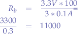 $$
\begin{eqnarray*}
R_{b} &=& \frac{3.3V * 100}{3 * 0.1A} \\
&=& \frac{3300}{0.3} \\
&=& 11000 \Ohm
\end{eqnarray*}
$$